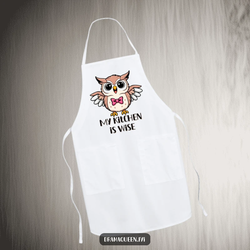 Funny apron with a triumphant owl wearing a bowtie, wings outstretched, hooting loudly, ready for kitchen triumphs.