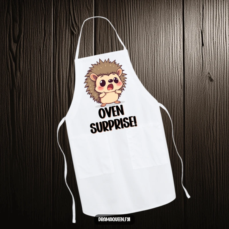 Funny hedgehog apron with a curious character striking a dramatic pose with a shocked face, ideal for kitchen activities and humor.
