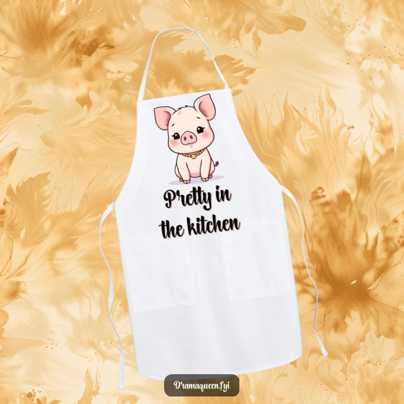 Funny Piglet Necklace Apron: A chef's apron with a playful piglet wearing a necklace, seeking attention, ideal for cooking.