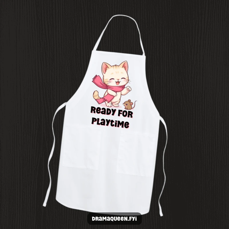 Funny kitten apron featuring a cute cat with a pink scarf, dramatically reaching for a toy mouse, perfect for cooking.