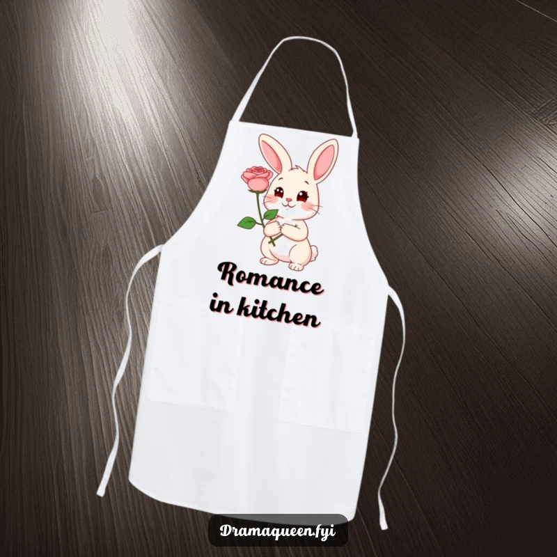 Funny Rabbit Apron: Cheerful rabbit holding a large rose with a coy expression, perfect for a romantic kitchen funny gift.