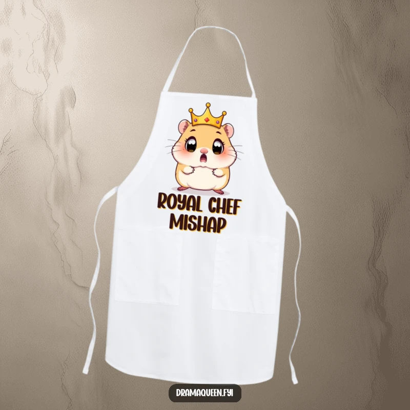Funny Hamster Apron: A tiny crown comically tumbles off a surprised hamster's head, wide eyes showing shock.