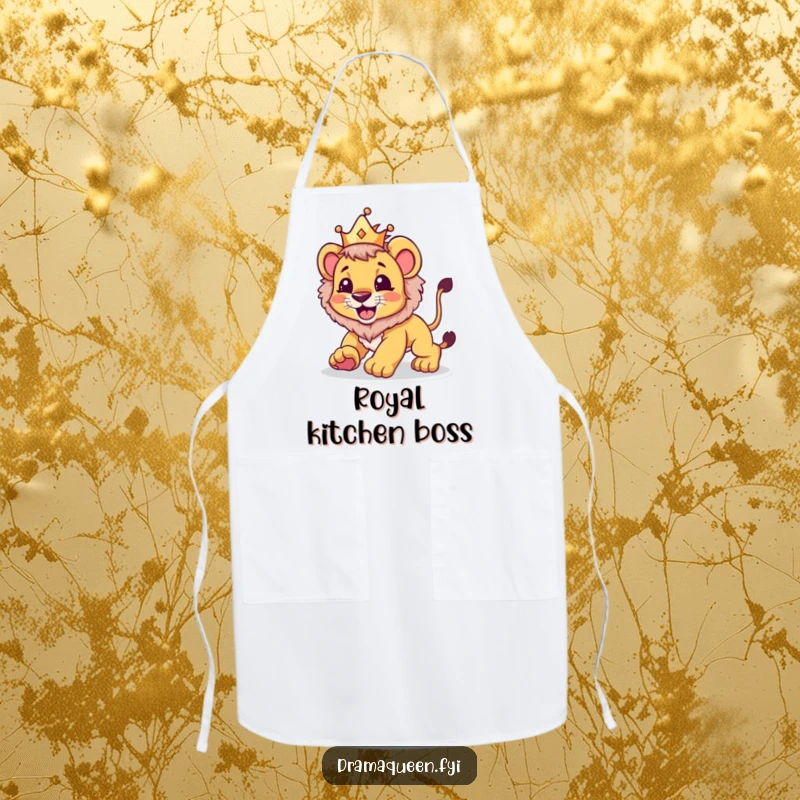 Funny apron featuring a lion cub in a crown playfully pouncing, perfect for a chef with a playful and commanding presence.