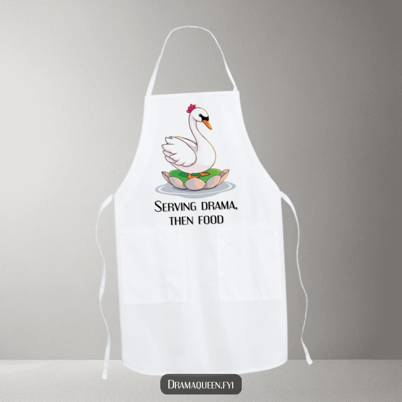 Funny swan apron featuring a glamorous character in a dramatic pose on a lily pad, perfect for stylish and humorous kitchen tasks.