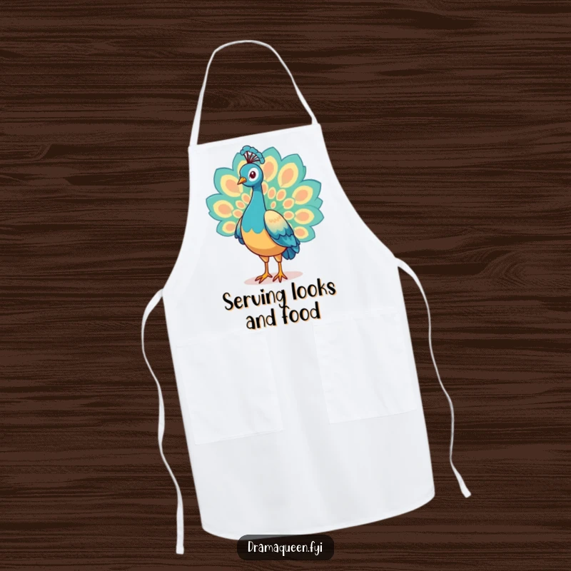 Funny Peacock Apron showcasing proud tail feathers, perfect for adding a touch of vibrant humor and style to kitchen activities.