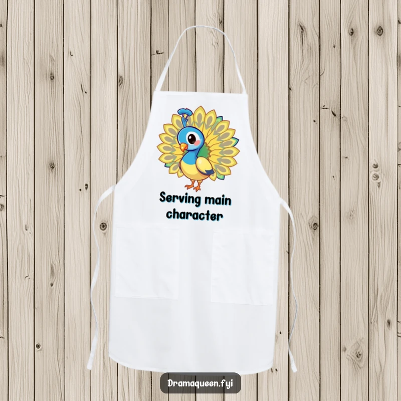 Funny Apron: Kitchen-ready peacock displaying its magnificent, dazzling tail feathers with an extravagant flair.