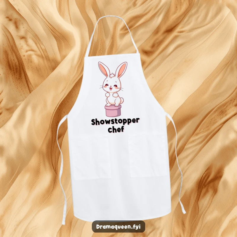 Funny bunny apron featuring a happy rabbit posing on a pedestal. Humorous kitchen wear, great for gifting.