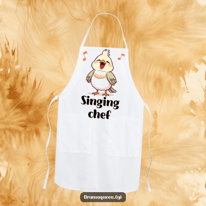 Funny Bird Apron: A proud little bird with chest puffed out sings a loud, comical tune while cooking.