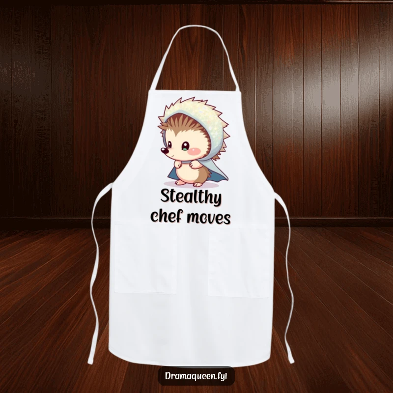 Funny Shy Hedgehog Cape Apron: A quirky apron with a shy hedgehog peeking from under a sparkly cape, for kitchen fun.