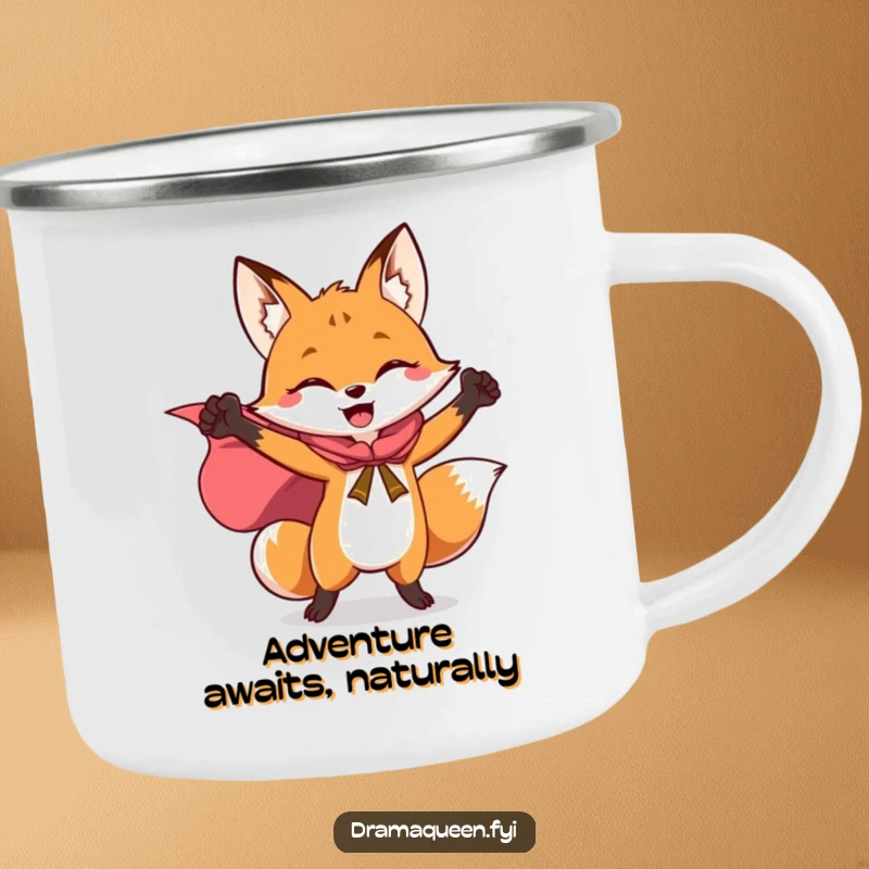 Funny camping mug with a triumphant fox in a flowing superhero cape, ready for heroic sips in the great outdoors.