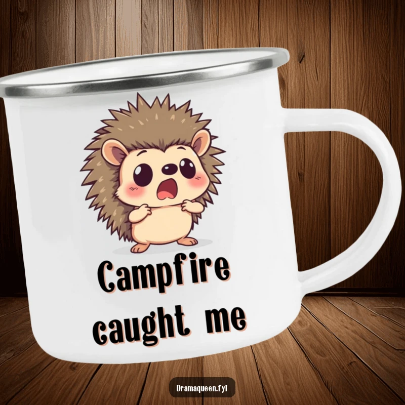 Funny hedgehog camping mug with a curious character in a dramatic pose with a shocked face, perfect for outdoor beverages and humor.