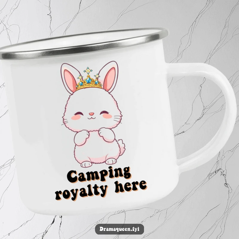 Funny camping mug featuring a fluffy bunny wearing a sparkly tiara and striking a pose, perfect for outdoor enthusiasts who embrace humor.