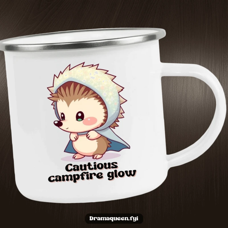 Funny Shy Hedgehog Cape Camping Mug: A rustic mug with a shy hedgehog peeking from a sparkly cape, for outdoor use.