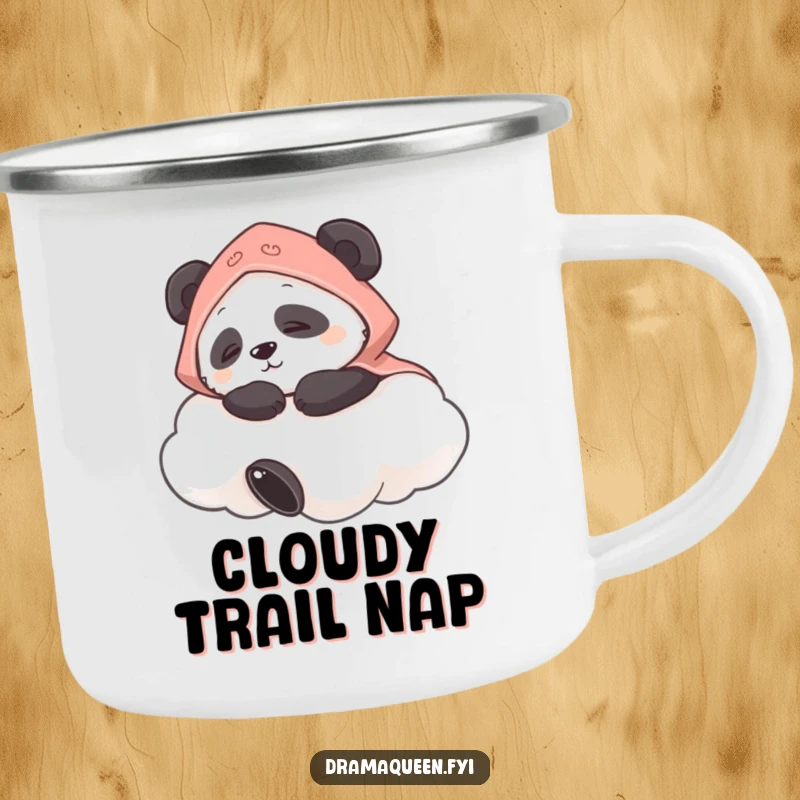Funny camping mug featuring a panda in a cape napping on a cloud, bringing peaceful humor to outdoor activities.