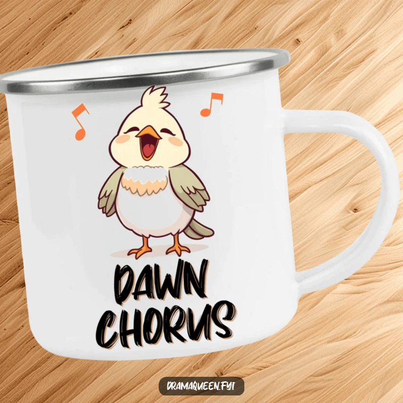 Funny Bird Camping Mug: A proud little bird with chest puffed out sings a loud, comical tune outdoors.