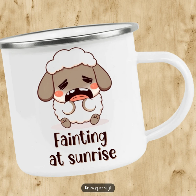 Funny Fainting Sheep Camping Mug: A humorous sheep faints dramatically, perfect for adventurous and funny outdoor moments, a gift.