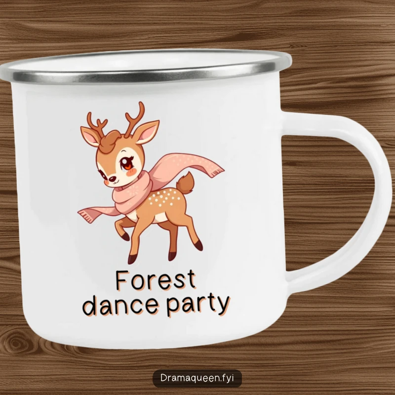 Funny Deer Twirl Camping Mug showing a graceful deer twirling with a scarf, ideal for enjoying drinks during outdoor adventures with humor.