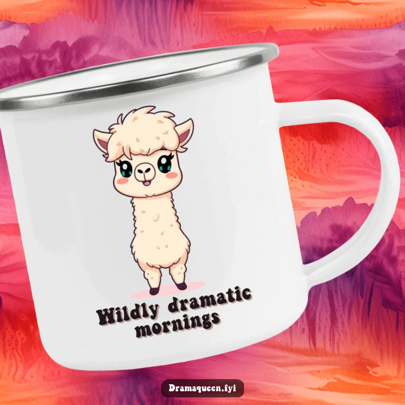 Funny alpaca camping mug featuring a fluffy mane and a dramatic pose, ready for your next outdoor escapade.