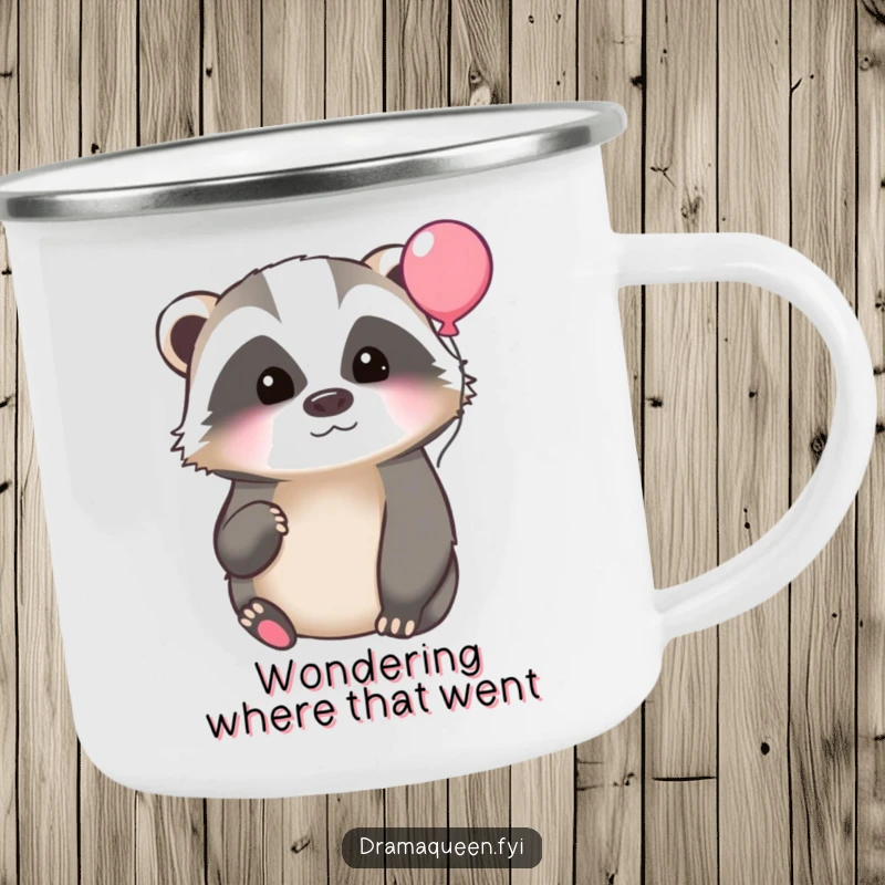Funny camping mug featuring a thoughtful badger contemplating a floating balloon, perfect for outdoor adventures and adding humor to your brew.