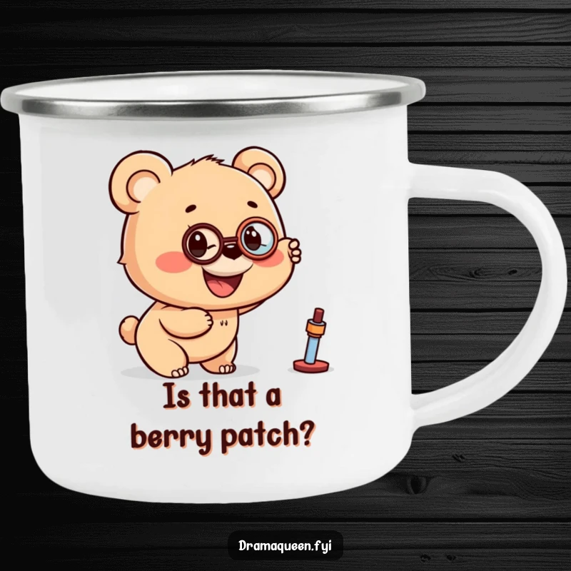 Funny camping mug with a bear cub wearing a monocle, pointing excitedly at a distant object, ready for outdoor discovery.