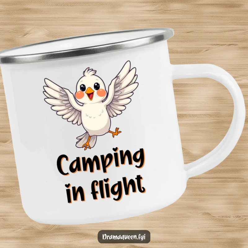 Funny Bird Pose Camping Mug: A cheerful bird dramatically striking a pose mid-flight, wings spread, for humorous outdoor fun.