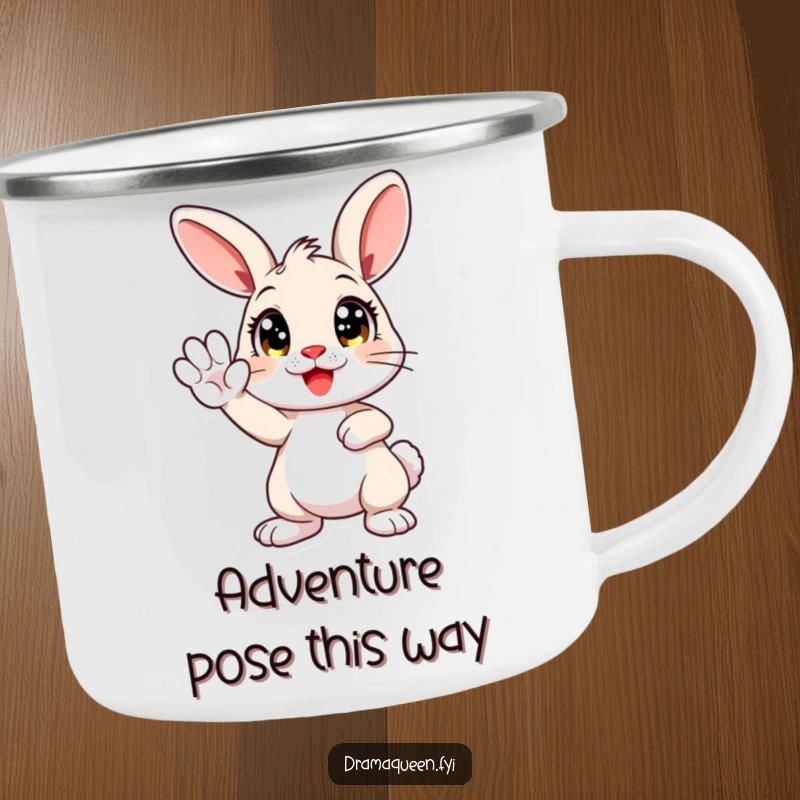 Funny enamel camping mug featuring a cute bunny character striking a dramatic pose with a paw held high, perfect for outdoor humor.