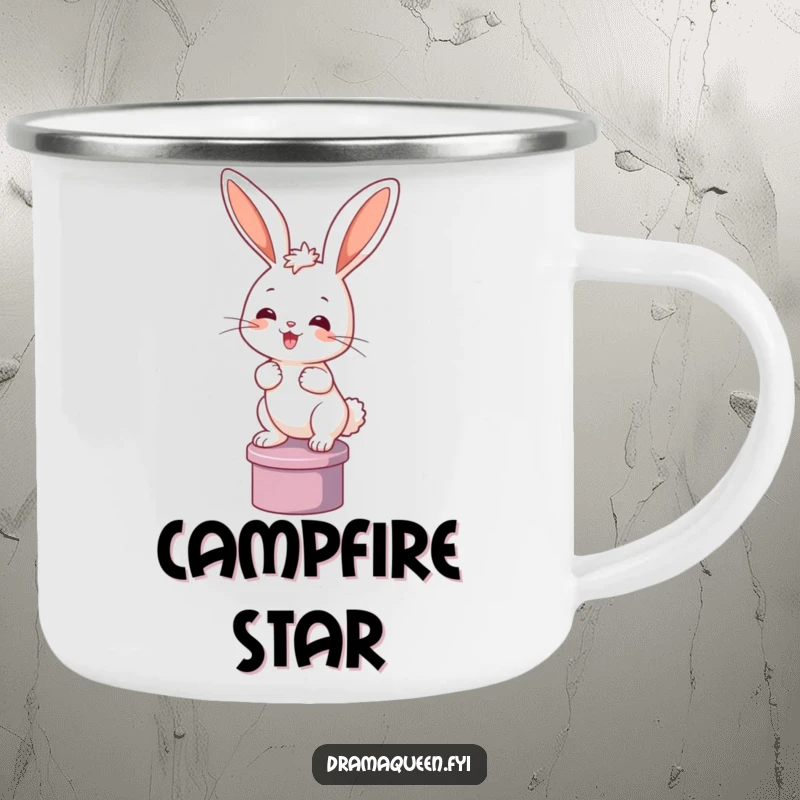 Funny bunny camping mug with a happy rabbit posing on a pedestal. Durable and humorous, perfect for outdoor trips.