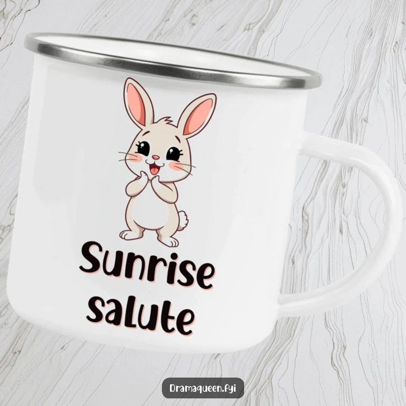 Funny bunny camping mug with a cheerful bunny character performing a dramatic curtsey, for stylish outdoor charm.