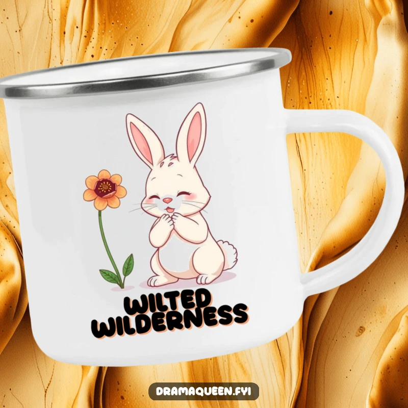 Funny bunny camping mug showing a dramatic rabbit clutching its chest over a wilting flower, ready for outdoor woes and humorous sips.