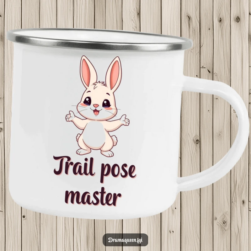 Funny Bunny Pose Camping Mug: A playful bunny dramatically striking a pose with ears perked up, for humorous outdoor fun.
