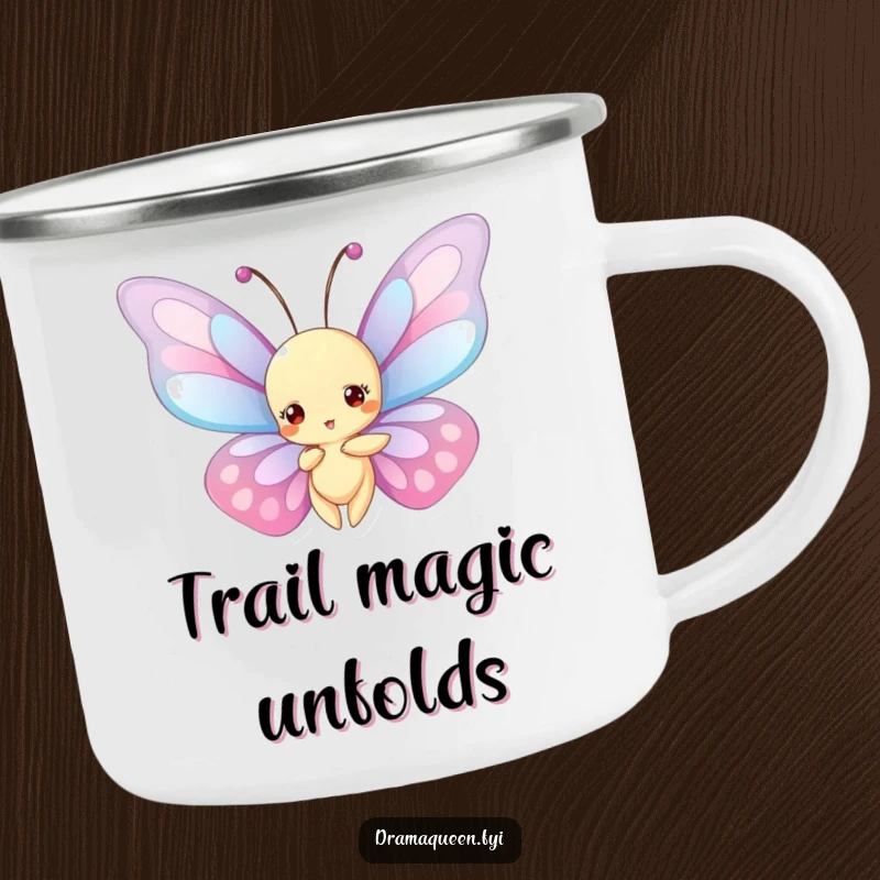 Funny Camping Mug: Elegant butterfly with elaborate wings in a dramatic pose, perfect for sipping outdoors.
