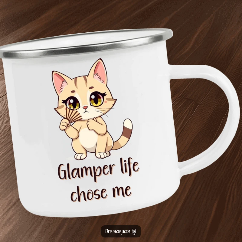 Funny cat camping mug with a stylish cat character dramatically fluttering a fan, for outdoor adventures with flair.
