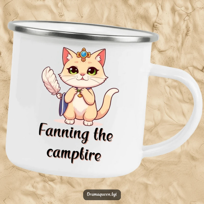 Funny regal cat dramatically fanning herself with a feather on a camping mug, embodying drama for outdoor relaxation.