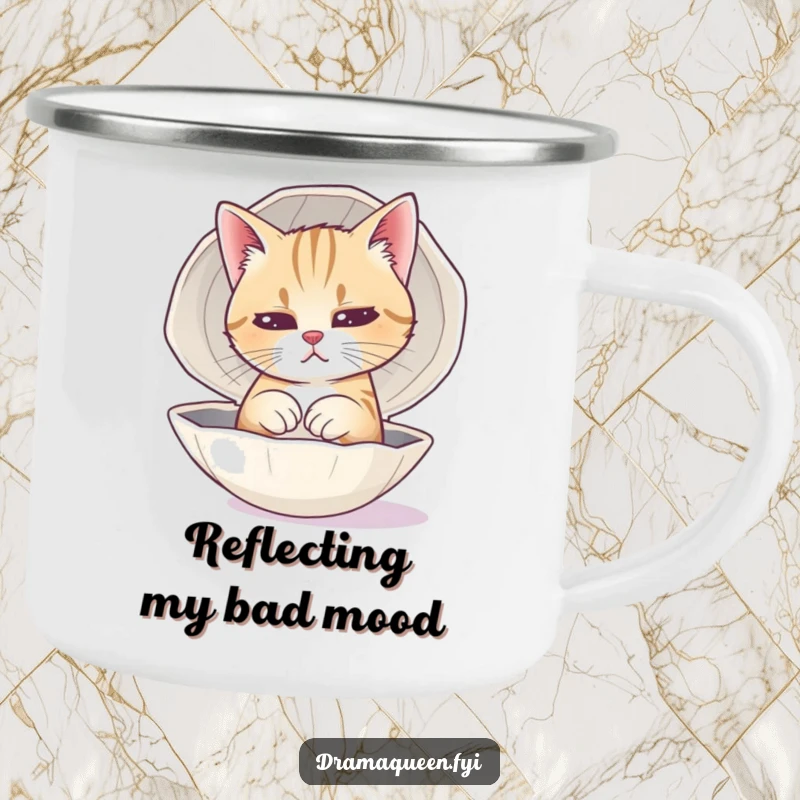 Funny Cat Sad Face Camping Mug showcasing a dramatic feline practicing its sad expression in a polished seashell.