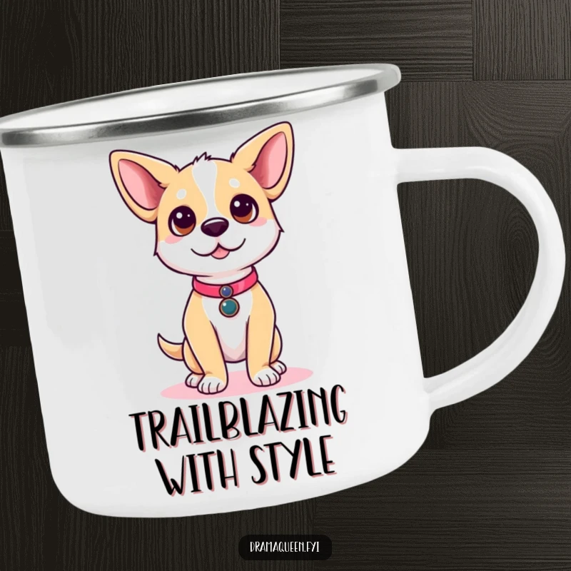 Funny dog camping mug with a cute dog character posing on a runway, for stylish outdoor adventures.