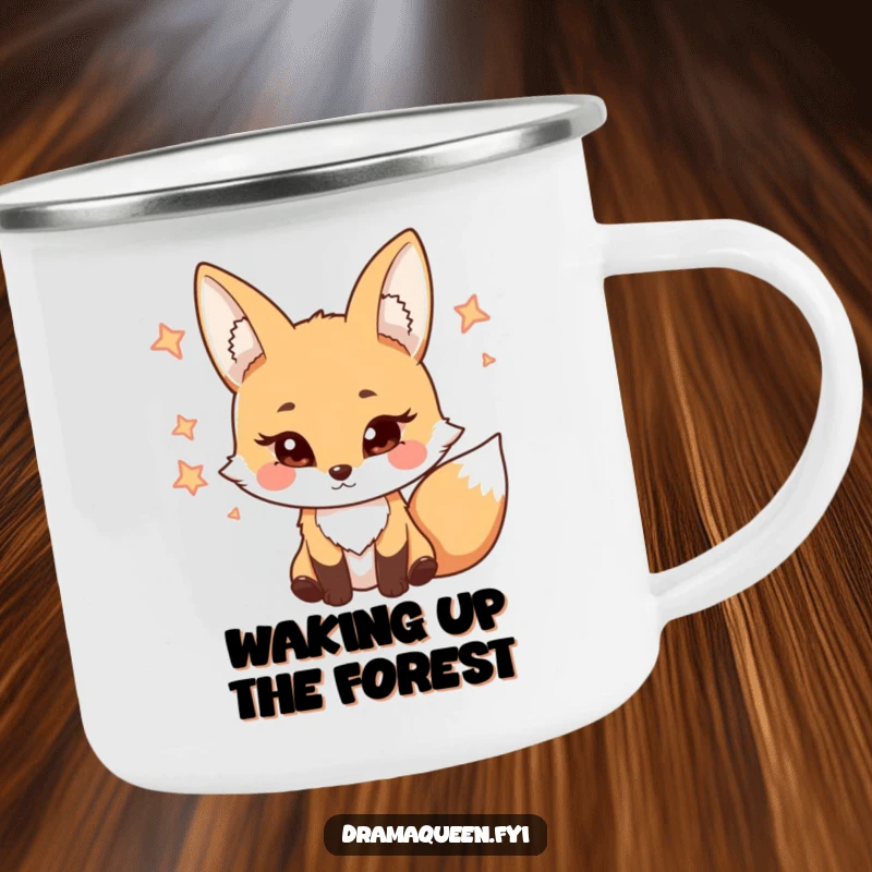 Funny Camping Mug featuring a coy fox character batting its eyelashes, ideal for outdoor enjoyment with a humorous touch.