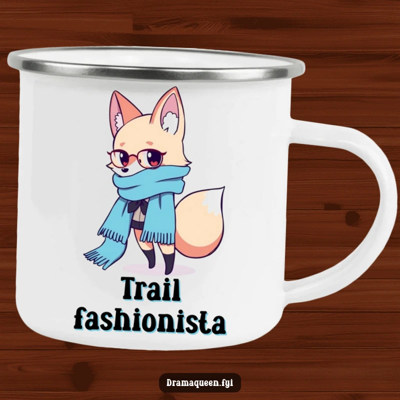 Funny Fashion Fox Scarf Camping Mug: A fashionable fox poses with a flowing scarf, perfect for stylish outdoor adventures, a funny gift.