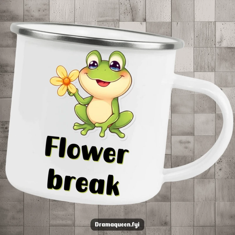 Funny frog camping mug with a goofy smile posing dramatically with a flower. Durable and humorous, perfect for outdoor trips.