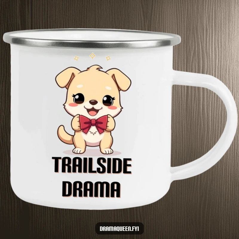 Funny Camping Mug showing a gleeful dog character performing a theatrical bow, designed for outdoor use with a humorous, dramatic theme.
