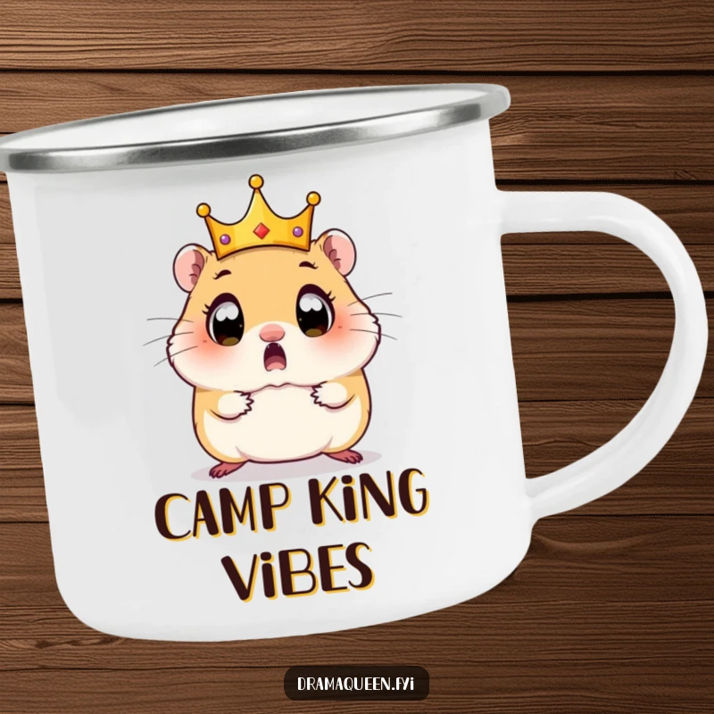 Funny Hamster Camping Mug: A wide-eyed hamster looks surprised as its tiny crown comically tumbles off during an adventure.