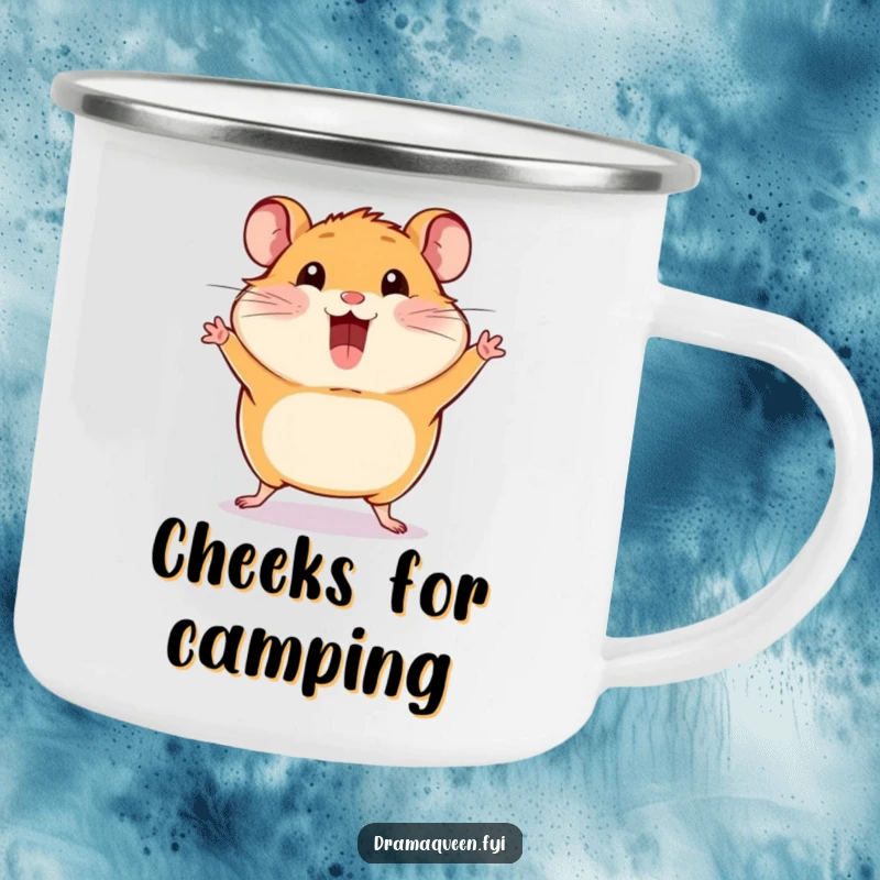 Funny Hamster Pose Camping Mug: A happy hamster striking a dramatic pose with cheeks puffed out, for humorous outdoor fun.