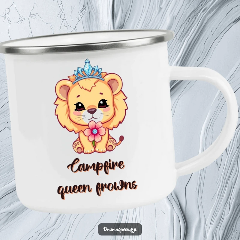 Funny cute lion cub character wearing a sparkling tiara, pouting dramatically with a flower, camping mug, regal outdoor.
