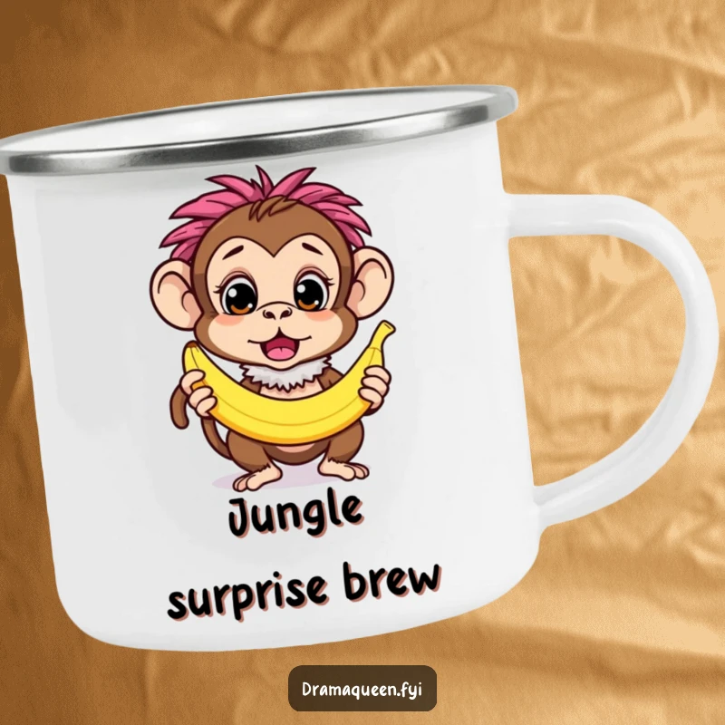 Funny curious monkey character wearing a feathery boa, striking a surprised pose with a banana, camping mug, outdoor quirk.