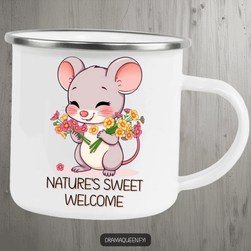 Funny enamel camping mug featuring a cheerful mouse character bowing gracefully with a bouquet of tiny, colorful flowers, perfect for outdoor charm.