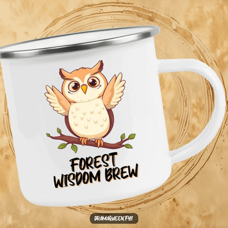 Funny owl camping mug with a delighted character in a dramatic pose on a branch, perfect for outdoor beverages and humor.