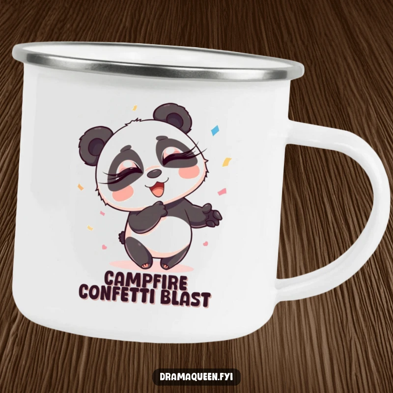 Funny Panda Camping Mug: Playful panda with long eyelashes throwing confetti with exaggerated flair, perfect for outdoor fun, funny gift.