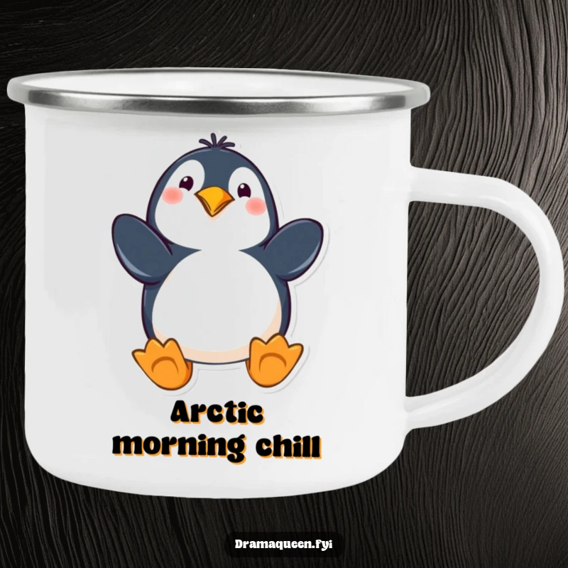 Funny penguin camping mug with a playful character in a dramatic pose with flippers out, perfect for outdoor beverages and humor.
