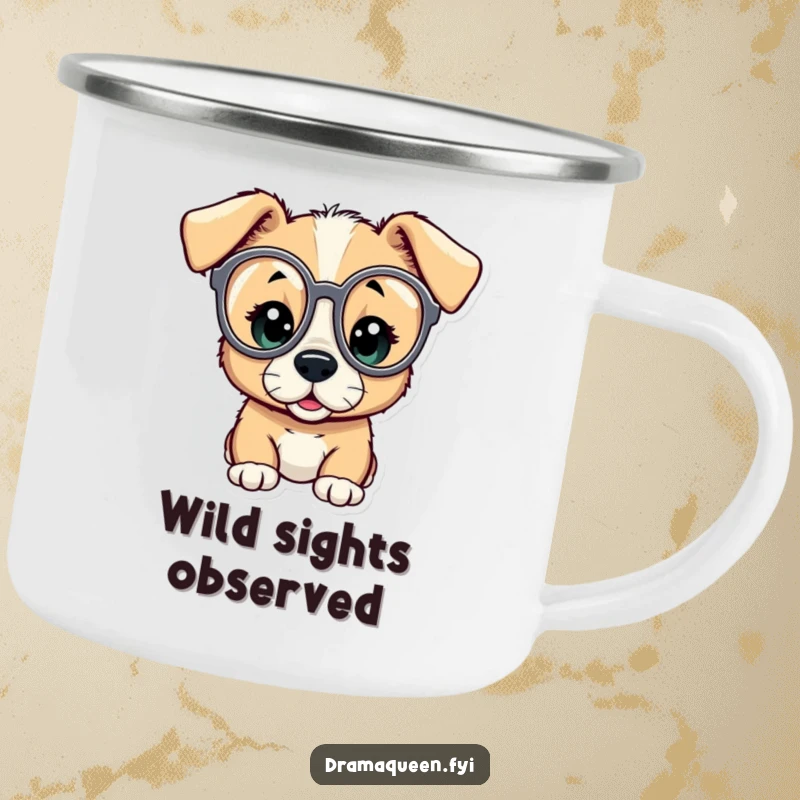 Funny enamel camping mug featuring a curious puppy using oversized opera glasses, looking amazed, ideal for outdoor charm.