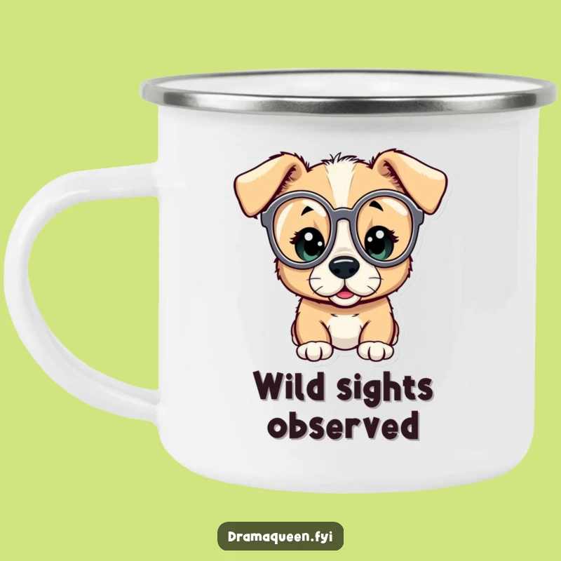 Funny Puppy Camp Mug: Curious Opera Glasses Enamel Mug, Hilarious Outdoor Gift