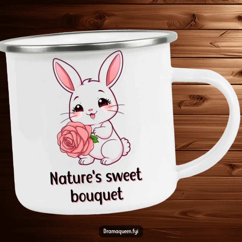 Funny rabbit camping mug, enamel, featuring a cute coy bunny holding a rose, for outdoor charm.